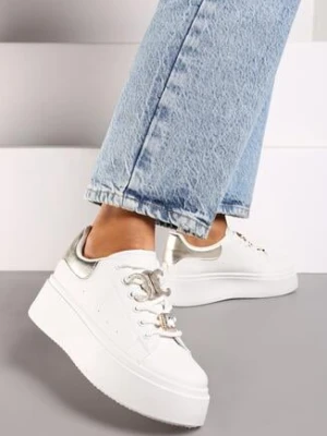 Biało-Złote Sneakersy na Grubej Podeszwie z Metalicznymi Aplikacjami i Cyrkoniami Arrelana