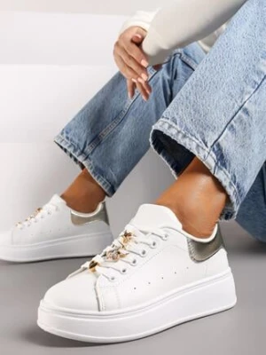 Biało-Złote Sneakersy na Grubej Podeszwie z Metalicznymi Aplikacjami Vlianora