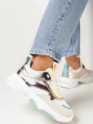 Biało-Złote Sneakersy na Grubej Podeszwie z Metalicznymi Wstawkami Hannan
