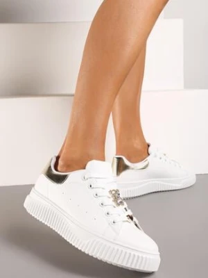 Zdjęcie produktu Biało-Złote Sneakersy na Grubej Podeszwie ze Wstawką z Ekozamszu i Aplikacją Metalowego Misia Mirnella