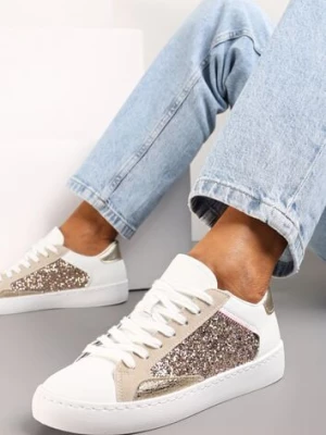 Biało-Złote Sneakersy na Płaskiej Podeszwie z Ozdobnymi Wstawkami i Brokatem Jivina
