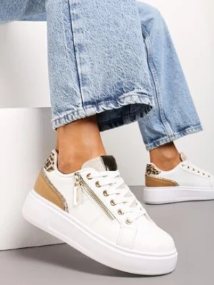 Biało-Złote Sneakersy na Platformie Ozdobione Suwakami Halimedia