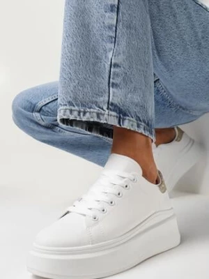 Biało-Złote Sneakersy na Platformie z Brokatową Wstawką Tilorea
