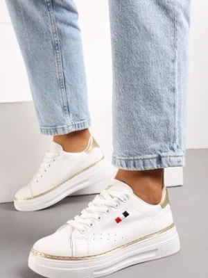 Biało-Złote Sneakersy na Platformie z Klasycznym Sznurowaniem i Kontrastową Lamówką Airuqa