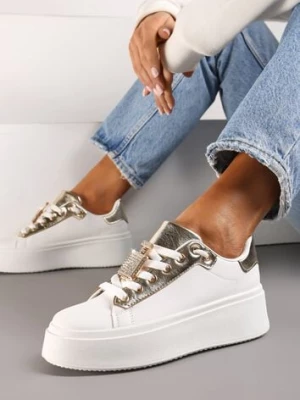 Biało-Złote Sneakersy na Platformie z Odpinaną Aplikacją z Cyrkoniami na Sznurówkach Oceanette