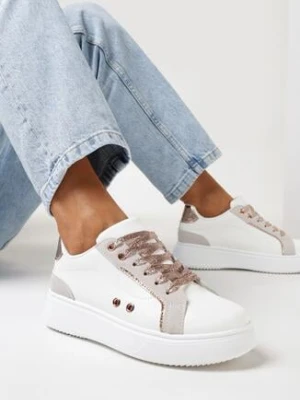 Biało-Złote Sneakersy przed Kostkę na Grubej Podeszwie z Metalicznymi Wstawkami Aglimria