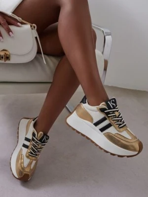 Zdjęcie produktu Biało-Złote Sneakersy Vices na Platformie z Metalicznymi Paskami Lenela
