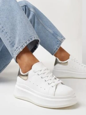 Biało-Złote Sneakersy z Delikatną Perforacją i Gumowym Misiem przy Sznurówkach Zephra