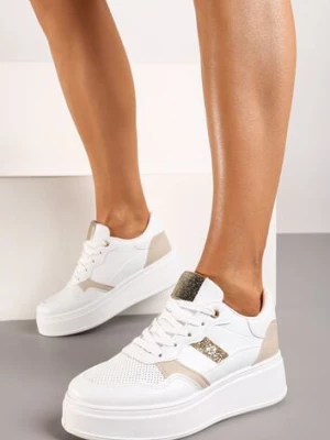 Biało-Złote Sneakersy z Ekoskóry za Kostkę ze Sznurowaniami Zdobione Perforacją Raviana