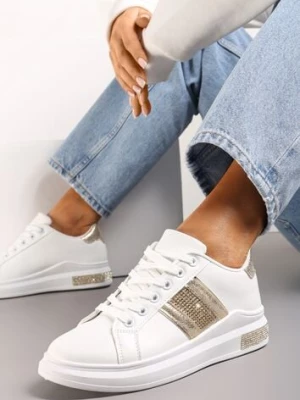 Biało-Złote Sneakersy z Metalicznymi Wstawkami i Cyrkoniami na Grubej Podeszwie Wirela