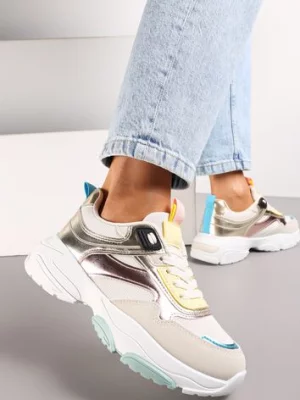 Biało-Złote Sneakersy z Metalicznymi Wstawkami na Grubej Podeszwie Tahara