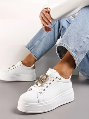 Biało-Złote Sneakersy z Platformą i Odpinanymi Biżuteryjnymi Aplikacjami na Sznurówkach Tamaki