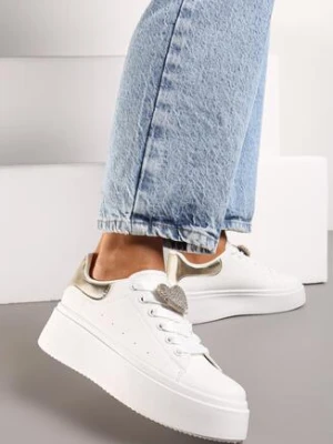 Biało-Złote Sznurowane Sneakersy na Grubej Podeszwie z Metalową Ozdobą i Cyrkoniami Cavendra