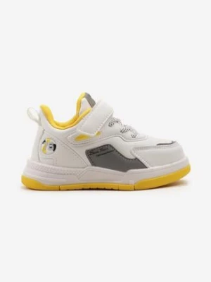 Biało-Żółte Płaskie Buty Sportowe Sneakersy Zapinane na Rzep z Ozdobnym Sznurowaniem Biota