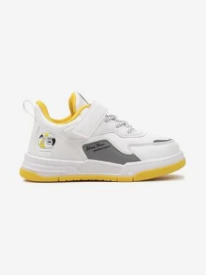 Biało-Żółte Sneakersy Buty Sportowe na Płaskiej Podeszwie na Rzep Ozdobione Sznurówkami Lavarae