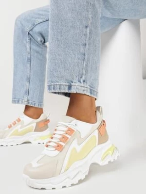 Biało-Żółte Sneakersy na Grubej Podeszwie ze Wstawkami z Animal Print Virala