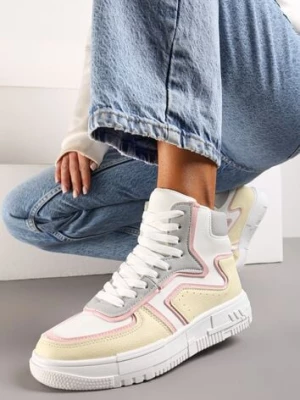 Zdjęcie produktu Biało-Żółte Sznurowane Sneakersy na Niskiej Platformie z Cholewką za Kostkę Ascaride