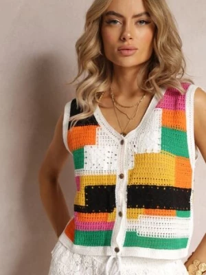 Biało-Żółty Top z Bawełnianej Dzierganej Tkaniny Zapinany na Guziki Kawayne rosa