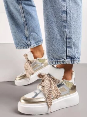 Białol-Złote Sneakersy na Grubej Podeszwie z Ozdobnymi Sznurówkami Edidda
