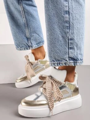 Zdjęcie produktu Białol-Złote Sneakersy na Grubej Podeszwie z Ozdobnymi Sznurówkami Edidda