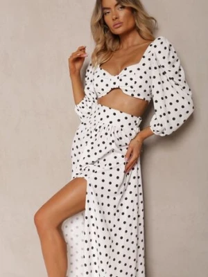 Biały 2-Częściowy Komplet w Kropki Krótki Top z Dekoltem Spódnica z Gumką w Talii Wandrea