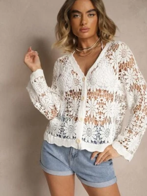 Biały Ażurowy Kardigan z Bawełny na Guziki Evipolla cflo