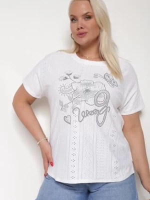Zdjęcie produktu Biały Ażurowy T-shirt z Bawełną Ozdobiony Cyrkoniami Deviana