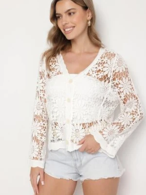 Biały Bawełniany Ażurowy Kardigan na Guziki Eviliri cflo