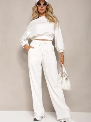 Biały Bawełniany Komplet Bluza Krótka ze Ściągaczem i Szerokie Spodnie ze Sznurkiem w Pasie Rionnea