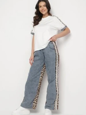 Biały Bawełniany Komplet Dresowy Bluzka i Spodnie z Panterką i Lampasami Nortebis