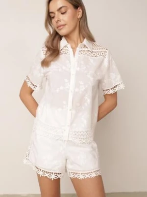 Biały Bawełniany Komplet w Stylu Boho Koszula i Szorty z Haftem Lephine rosa