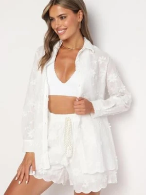 Biały Bawełniany Komplet z Haftowanej Tkaniny Koszula z Długim Rękawem i Szorty z Ozdobnymi Chwostami Meavira