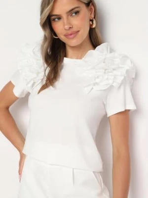 Biały Bawełniany T-shirt Koszulka z Krótkim Rękawem Ozdobiona Aplikacją z Falbankami Aristine retro & icone