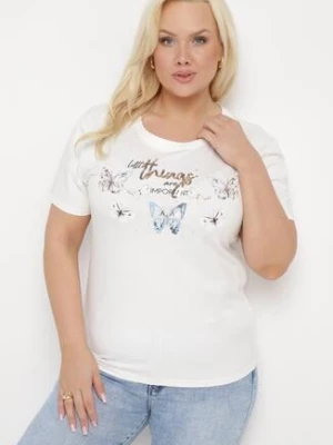 Biały Bawełniany T-shirt Koszulka z Krótkim Rękawem z Nadrukiem i Cyrkoniami Qumara glo-story