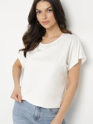 Biały Bawełniany T-shirt Nietoperz z Perłami i Koronką Eleziria