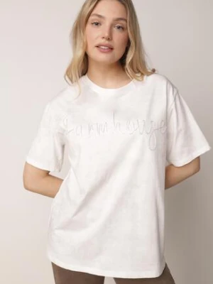 Biały Bawełniany T-shirt Oversize z Haftowanym Napisem z Cekinami Aewai romee's