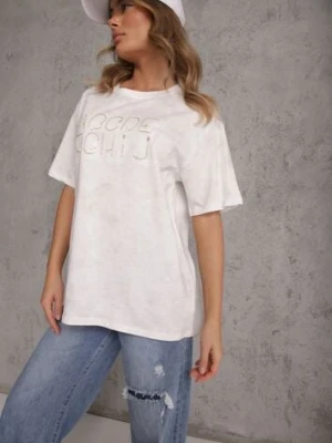 Biały Bawełniany T-shirt Oversize z Haftowanym Napisem z Cekinami Talomora romee's