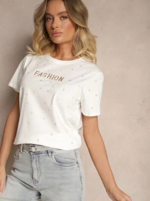 Biały Bawełniany T-shirt Ozdobiony Napisem i Cyrkoniami Nalavenna defox