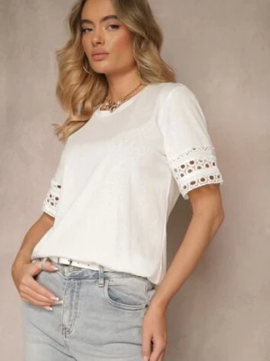 Biały Bawełniany T-shirt z Ażurowymi Rękawkami Zolreia