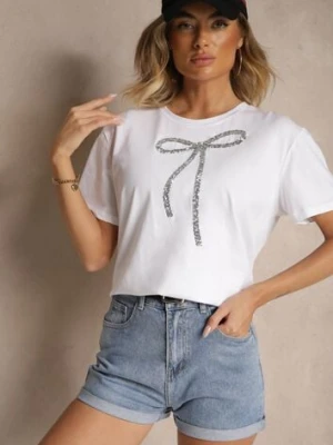 Biały Bawełniany T-shirt z Cekinową Aplikacją w Kształcie Kokardy Tenuria glo-story