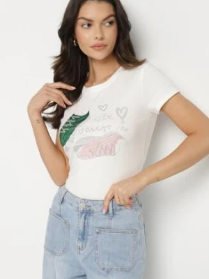 Biały Bawełniany T-shirt z Nadrukiem z Cyrkoniami Karissen emt