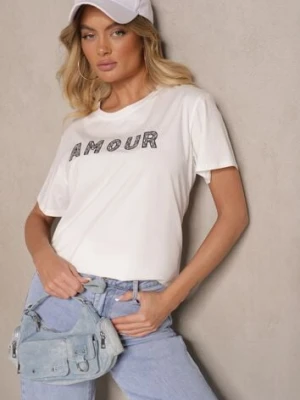 Biały Bawełniany T-shirt z Napisem z Cekinami Marivinna defox