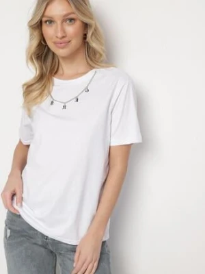 Biały Bawełniany T-shirt z Odpinanym Łańcuszkiem Imitującym Naszyjnik Mohna glo-story