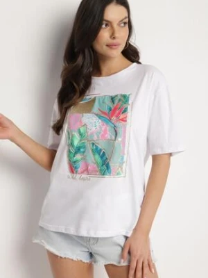 Biały Bawełniany T-shirt z Ozdobnym Nadrukiem Delmari glo-story