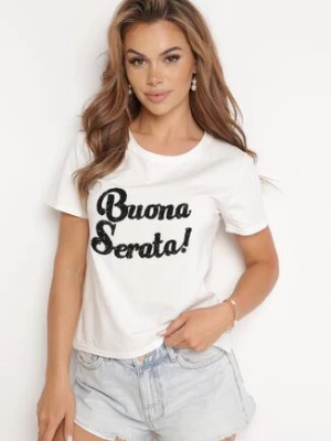 Biały Bawełniany T-shirt z Ozdobnym Napisem z Cyrkonii Tiavalia