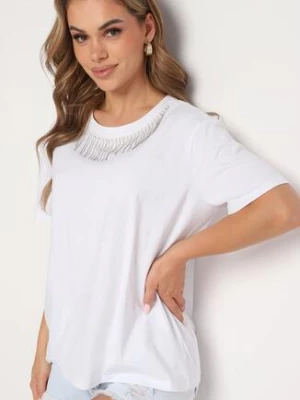 Biały Bawełniany T-shirt z Ozdobnymi Łańcuszkami przy Dekolcie Uglefia glo-story
