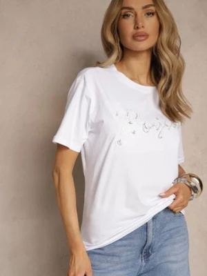 Biały Bawełniany T-shirt Zdobiony Haftowanym Napisem z Cekinami Ulionis glo-story