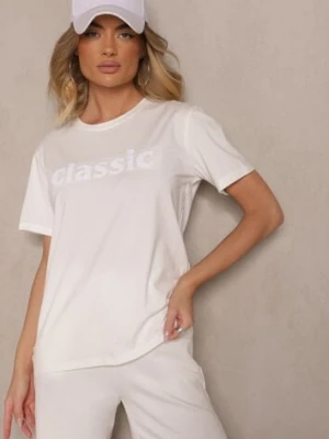 Biały Bawełniany T-shirt Zdobiony Napisem z Cyrkonii Deleire glo-story