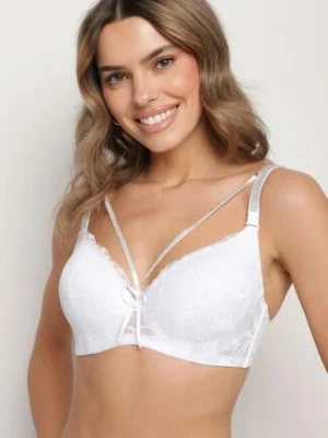 Biały Biustonosz Koronkowy z Ozdobnymi Paskami i Cyrkoniami Emlimi love magnolia