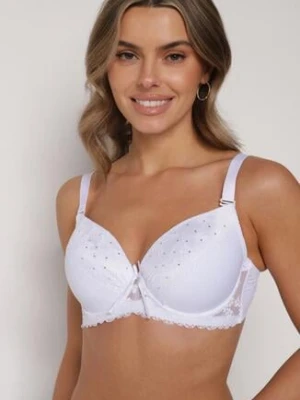 Biały Biustonosz Ozdobiony Cyrkoniami i Koronką Corraella